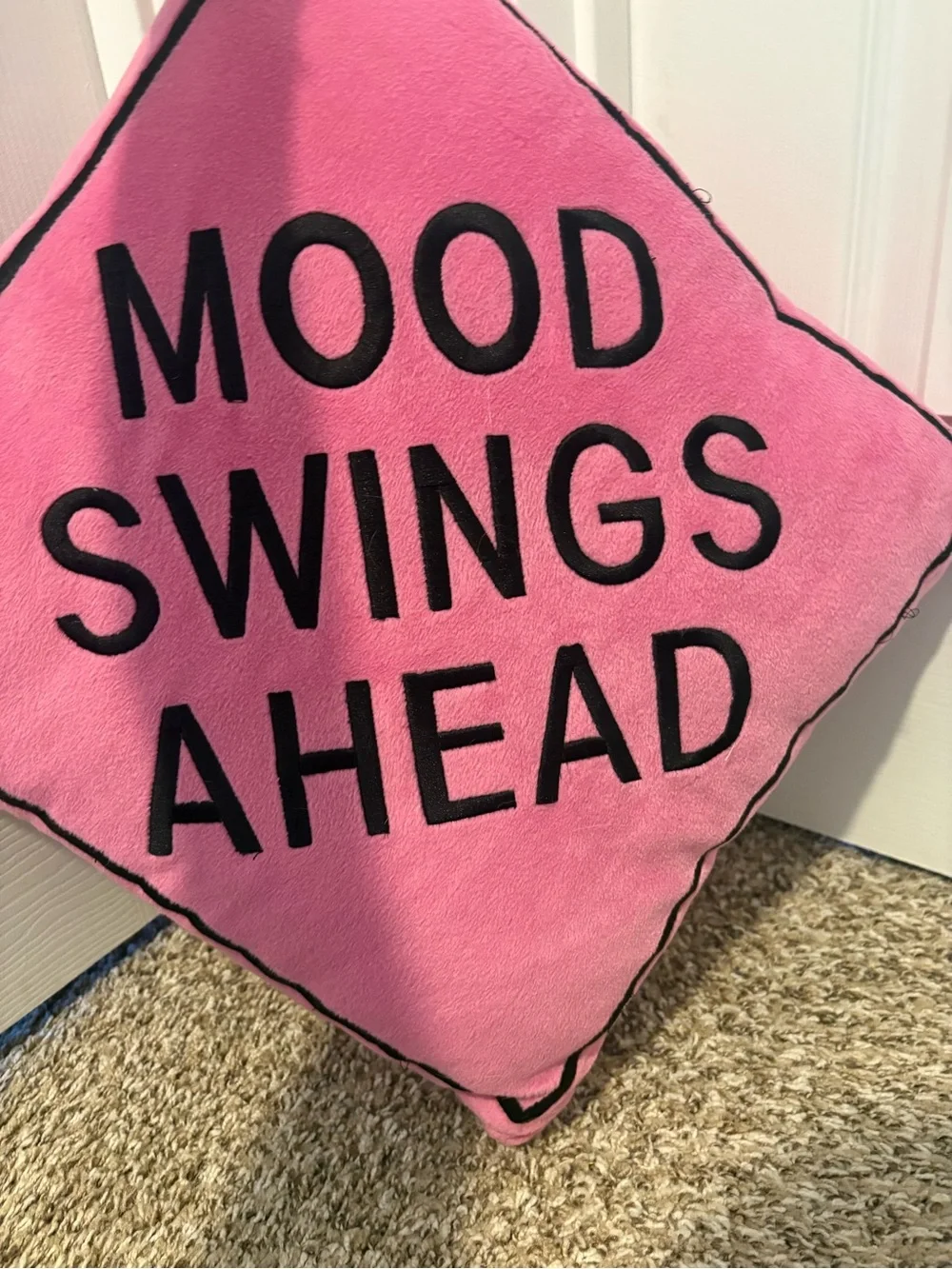 Pink Sign Pillow Warning Mood Swings Ahead